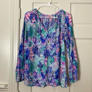 Lilly Pulitzer Blue Purple Feather Long Sleaved Blouse Size M